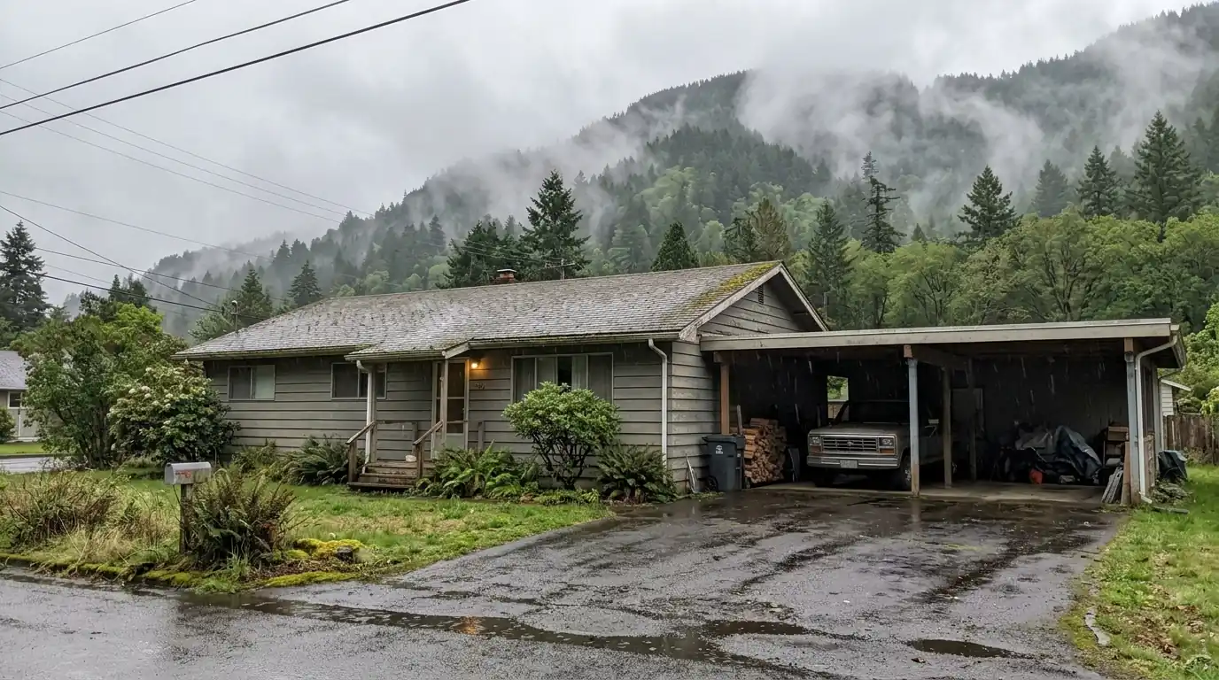 Small home with an attached carport roof below a forested Gorge ridge