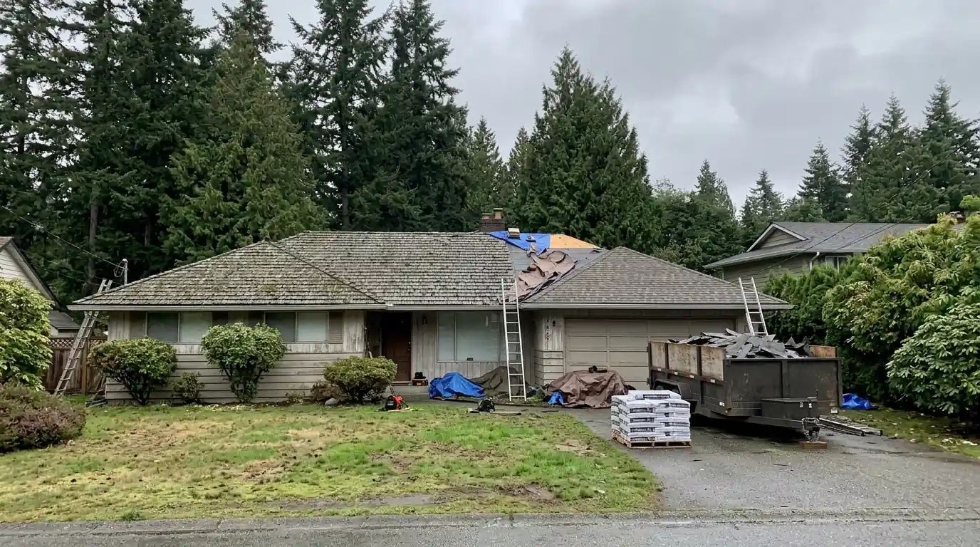 Roof half converted from mossy cedar shakes to architectural shingles