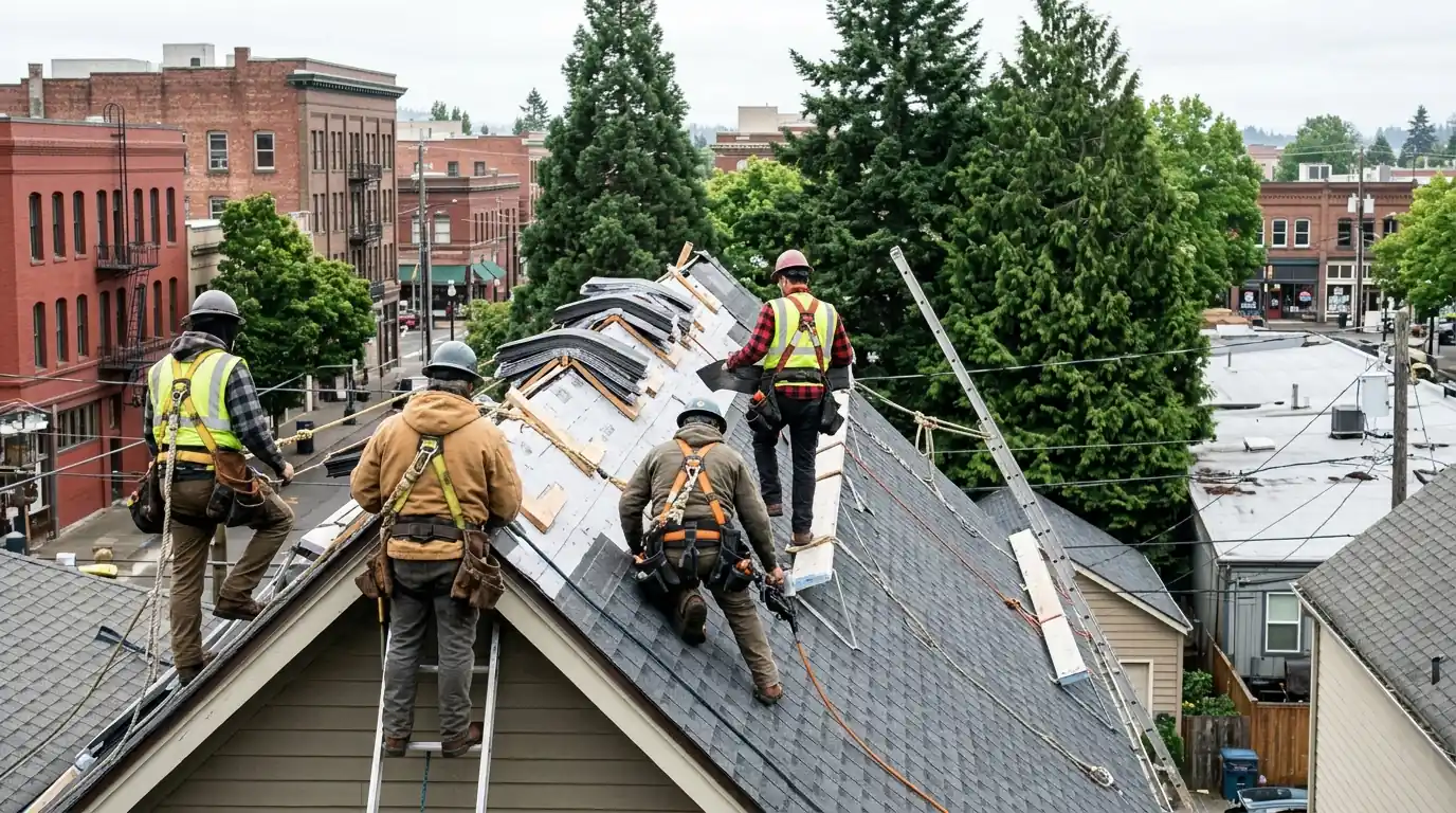 Roofing crew working on a steep gable roof in downtown Vancouver