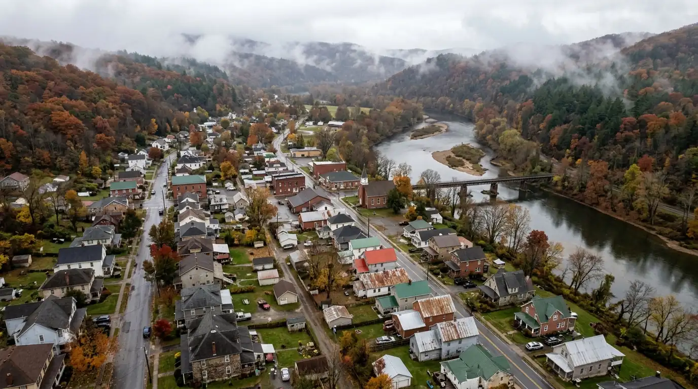 Aerial view of a river-valley town with mixed home roofs