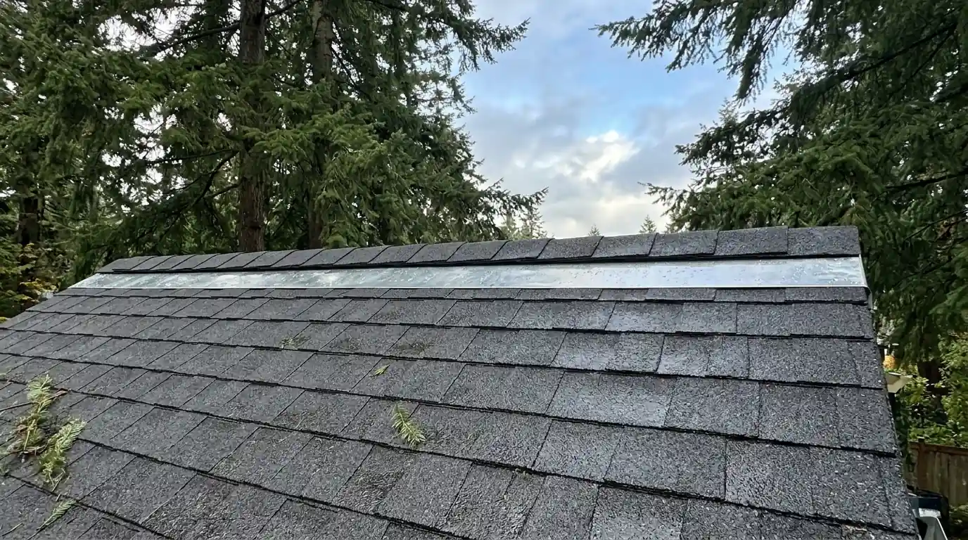 New zinc strip installed below the ridge of a clean roof