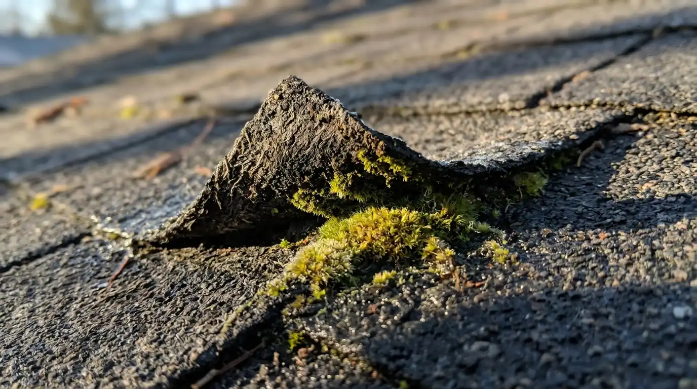 Curled three-tab shingle corner with worn granules and moss on a damp roof