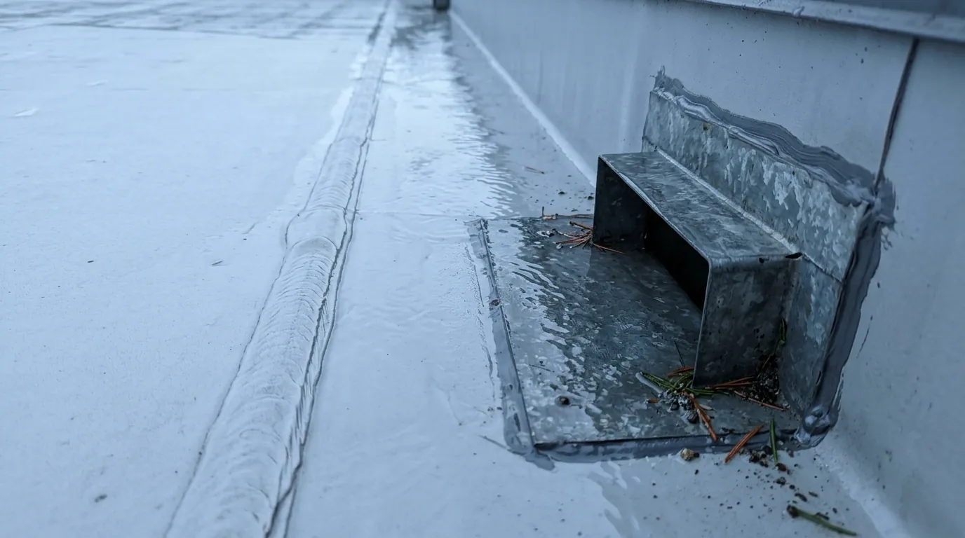 Welded flat roof seam next to a metal scupper draining water