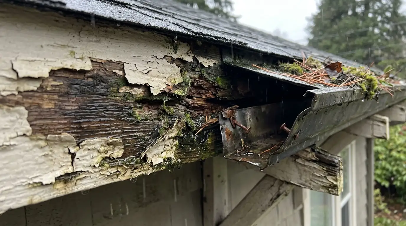 Rotted fascia board behind a sagging gutter on a Craftsman bungalow