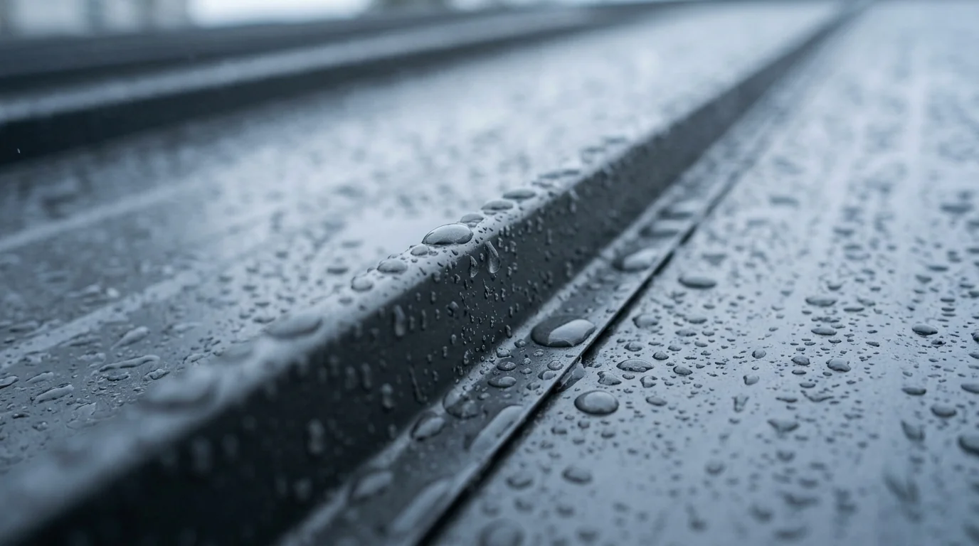 Raindrops beading along the seams of a charcoal metal roof panel