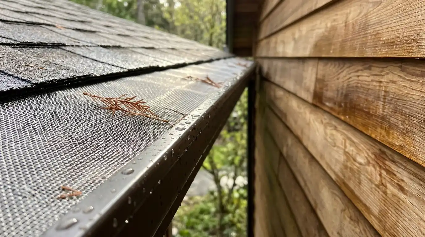 Micro-mesh gutter guard with fir needles resting on top of the mesh