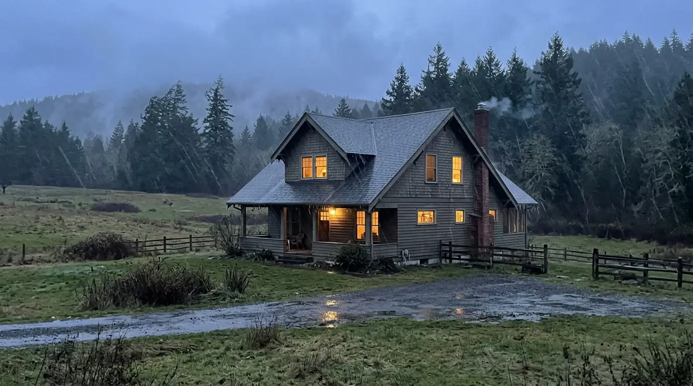 Two-story rural home in wind-driven rain on rolling open ground