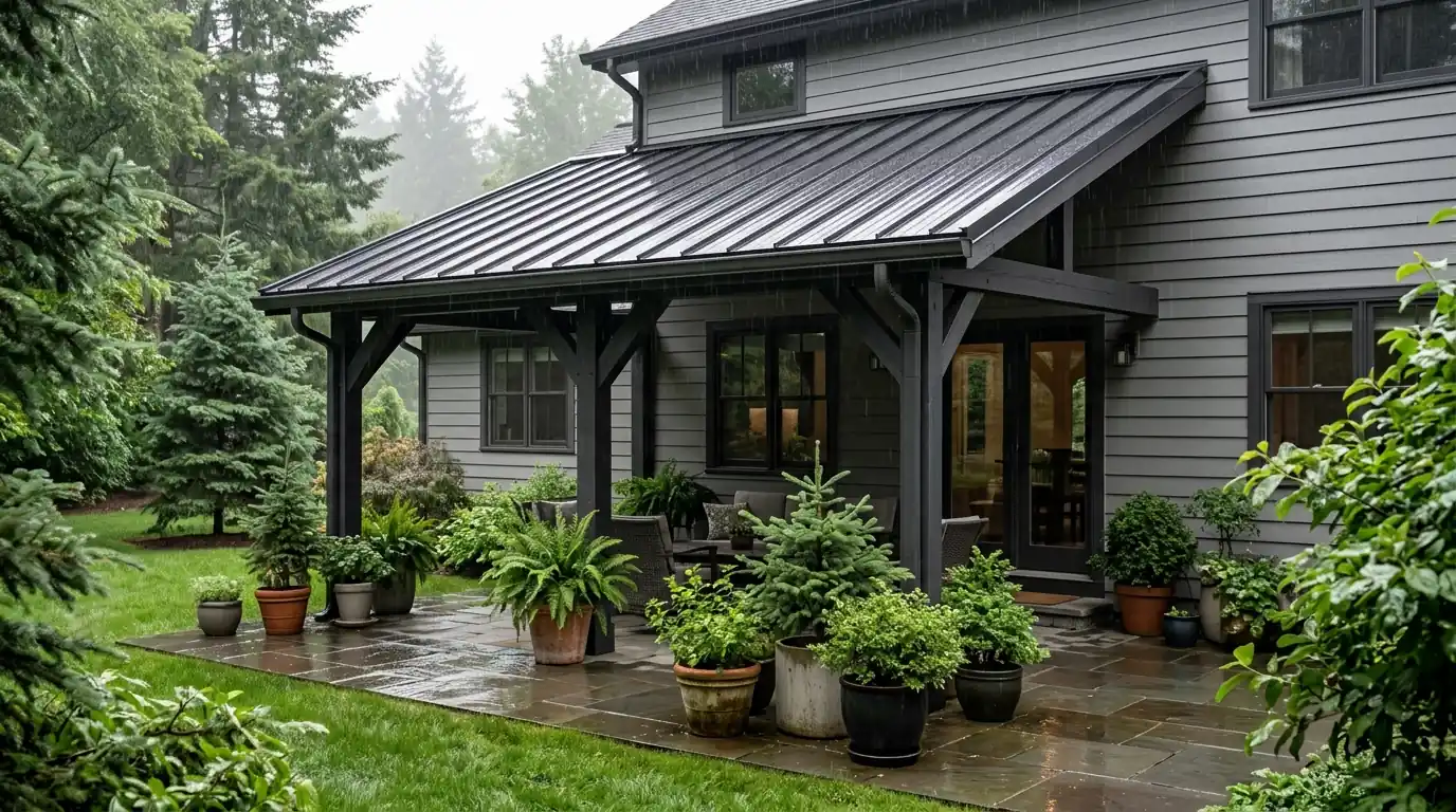 Covered patio with a new metal roof in light rain