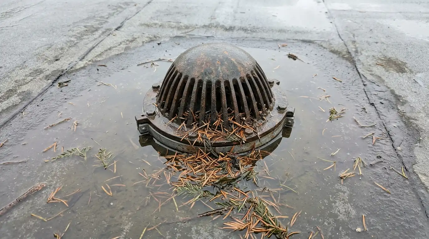 Roof drain on a low-slope membrane with fir needles and standing water