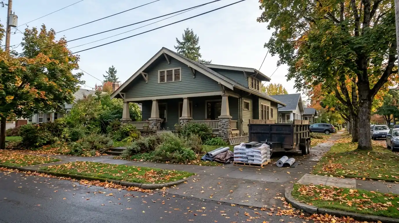 Craftsman bungalow with shingle bundles and a dump trailer staged for a reroof