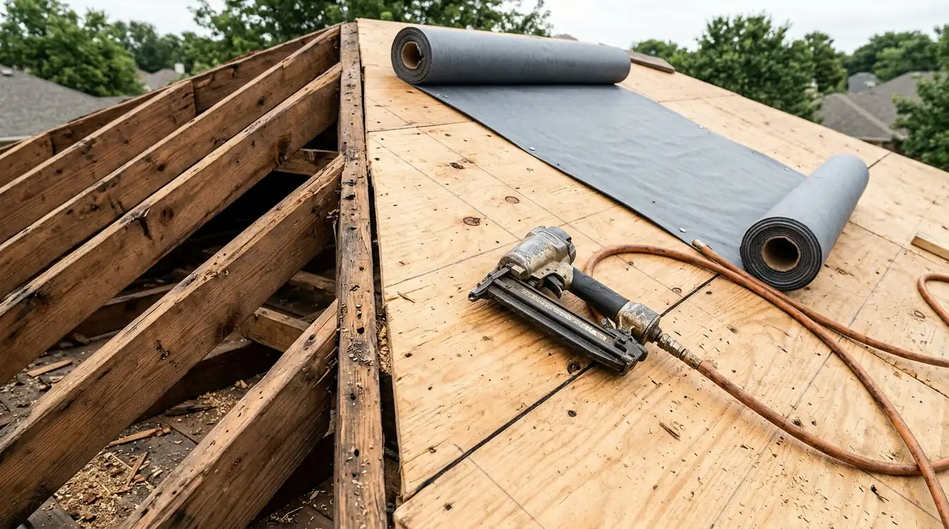 Exposed rafters and new plywood sheathing during a roof tear-off