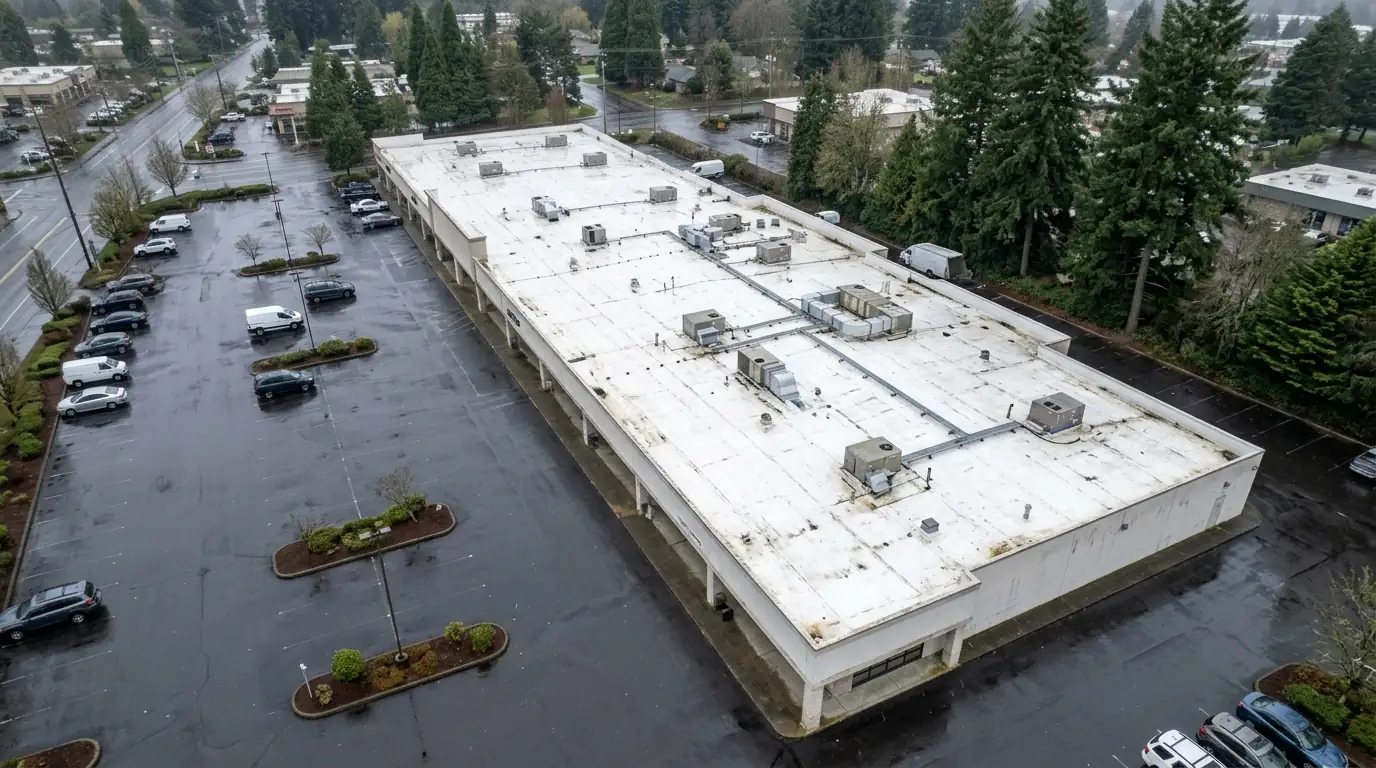 White TPO membrane roof with HVAC units on a retail strip building