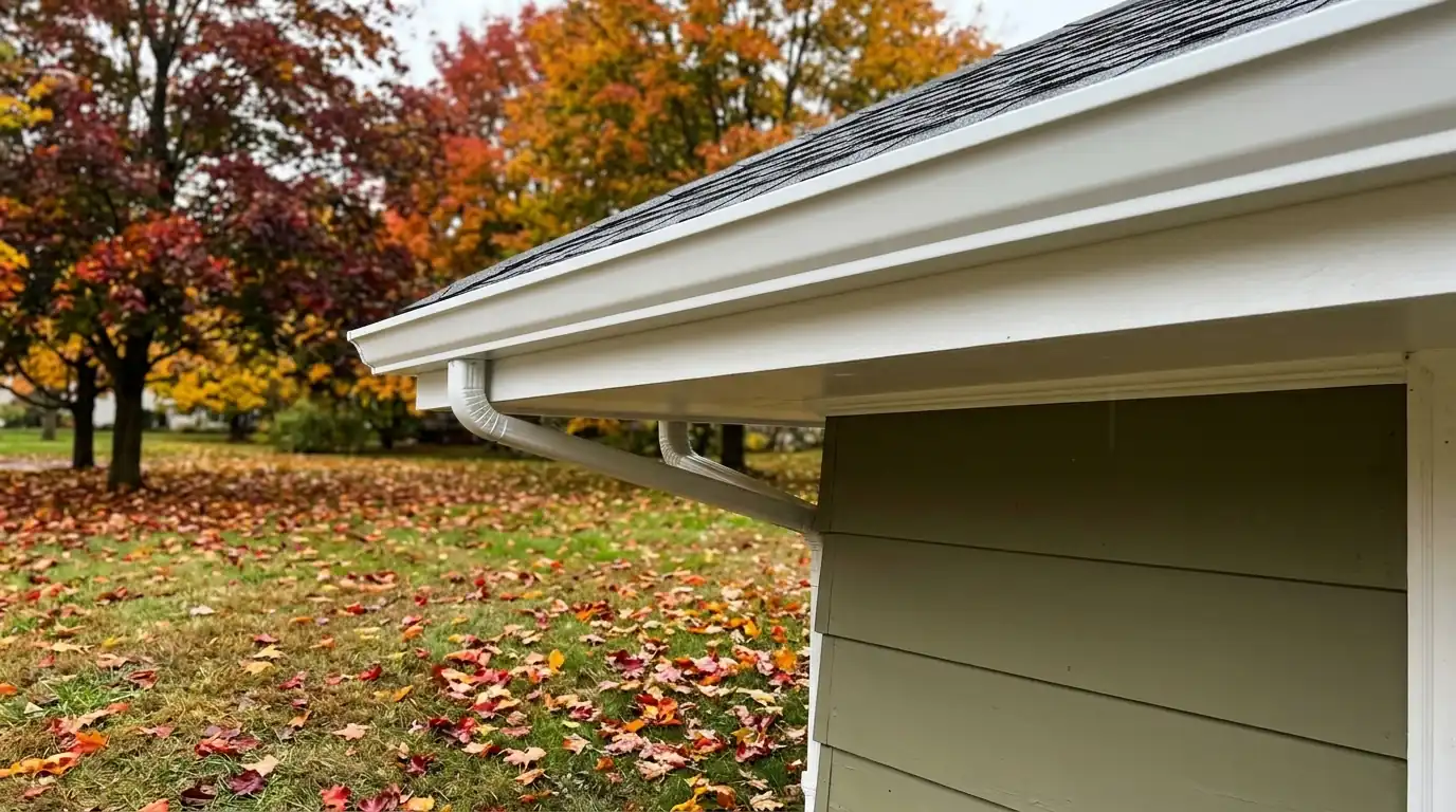 New seamless gutters and fresh fascia on a mid-century ranch eave