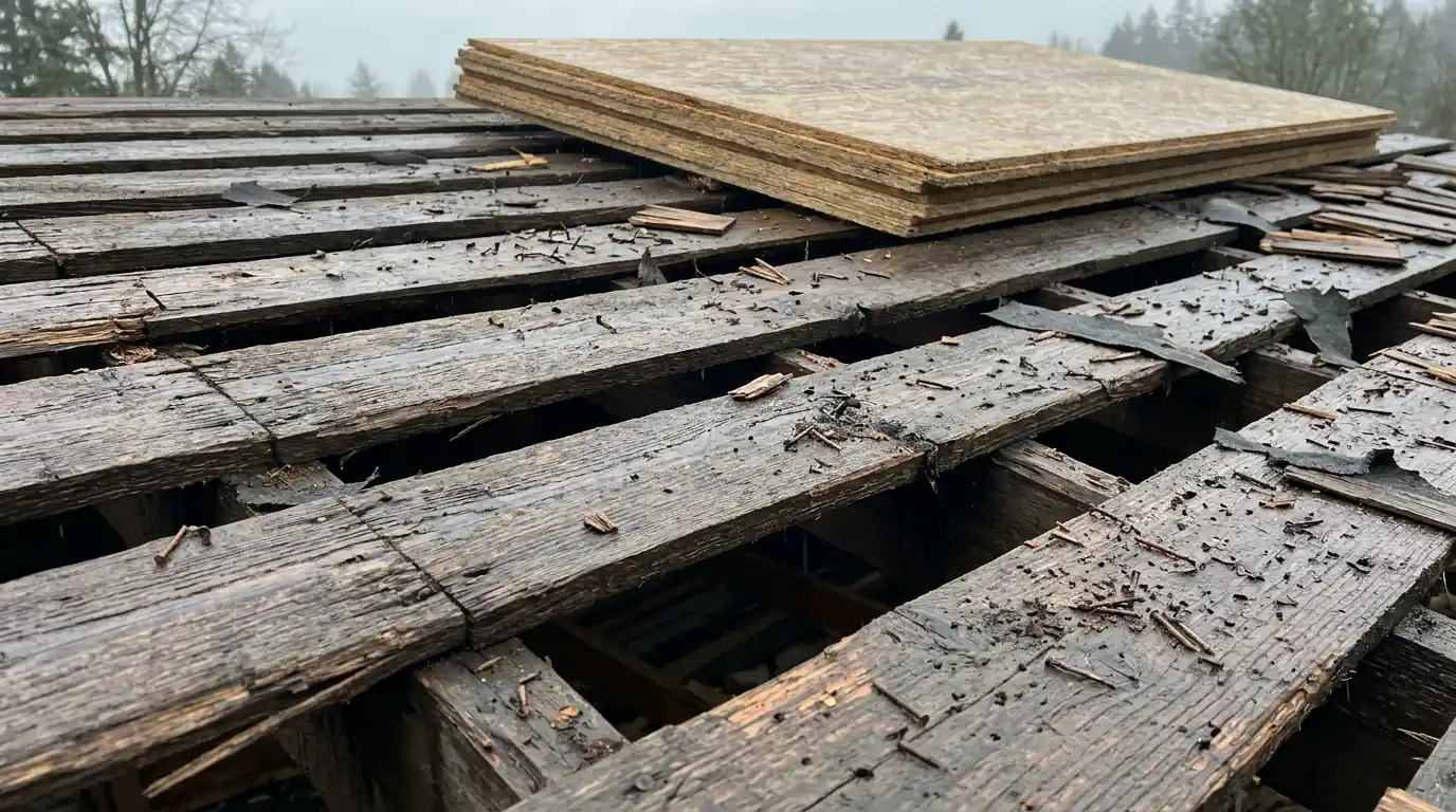 Spaced roof boards exposed after a cedar shake tear-off, with new OSB panels nearby