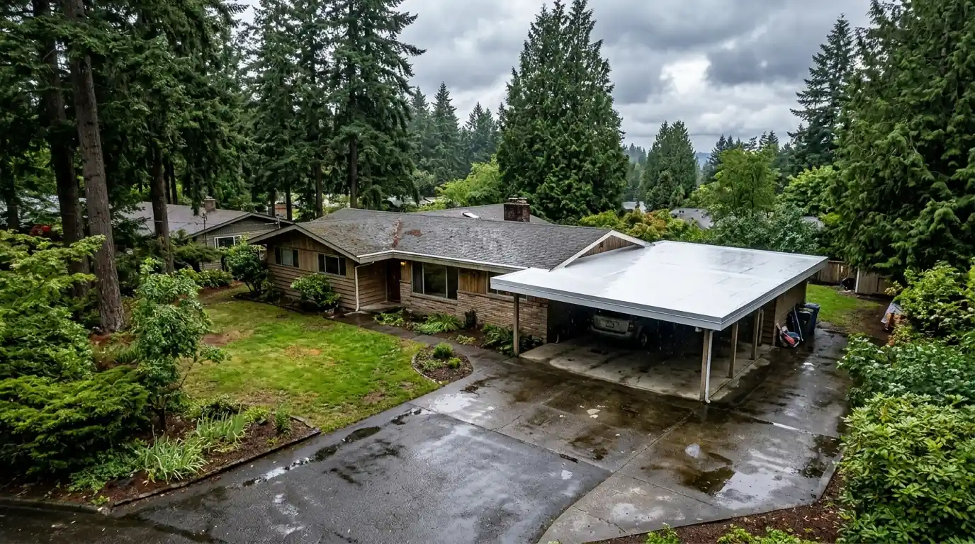 Mid-century ranch carport with a new white flat roof membrane