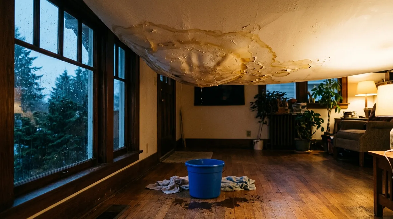 Water-stained ceiling bulging over a bucket on a hardwood floor during rain