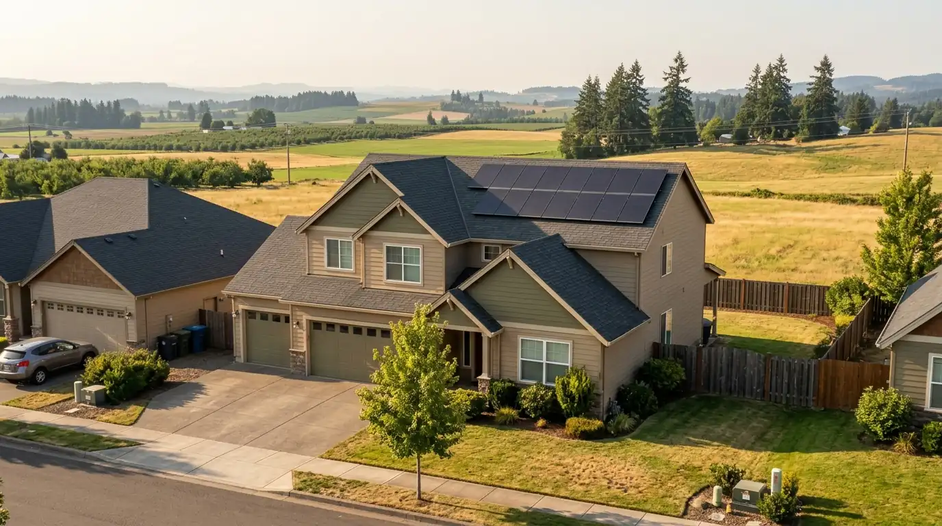 Suburban home with solar panels on its roof and farmland in the distance