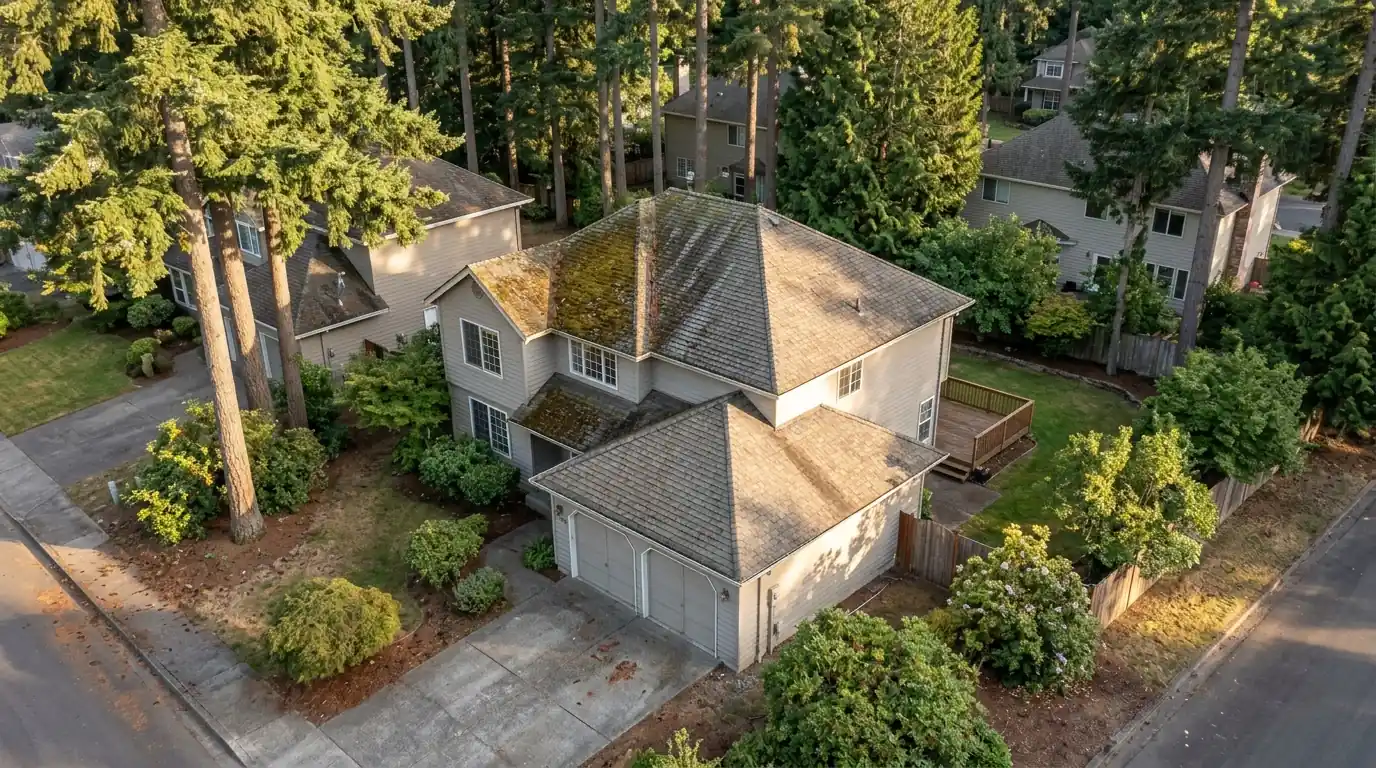 Aging shingle roof with a mossy north slope and a sun-faded south slope