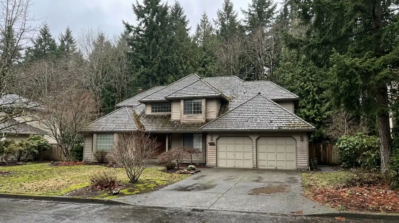 Aging cedar shake roof with moss on a two-story suburban home