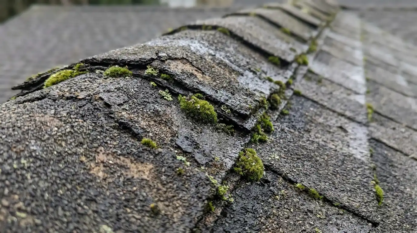 Close view of a cracked ridge cap shingle with moss on a wet roof
