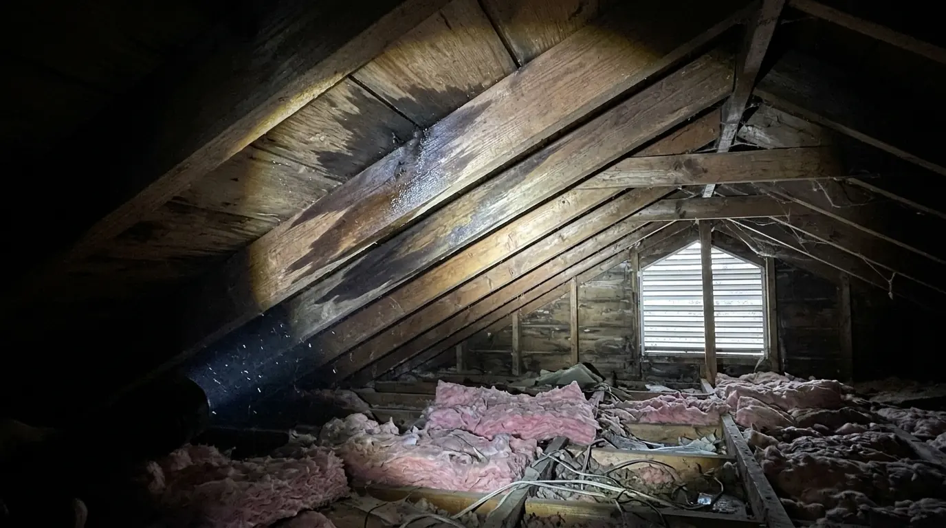 Flashlight beam tracing a water stain along an attic rafter above insulation