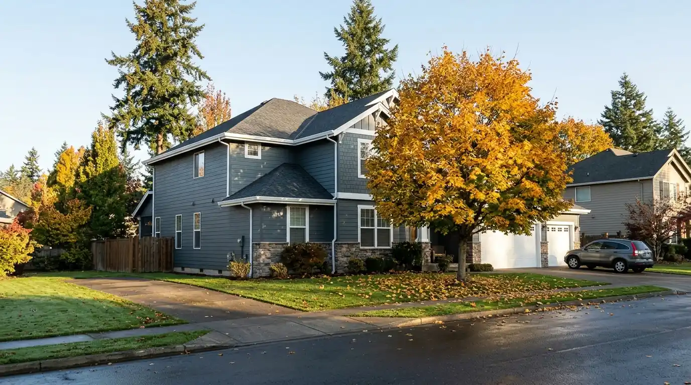 Two-story home with new white aluminum gutters and freshly painted fascia