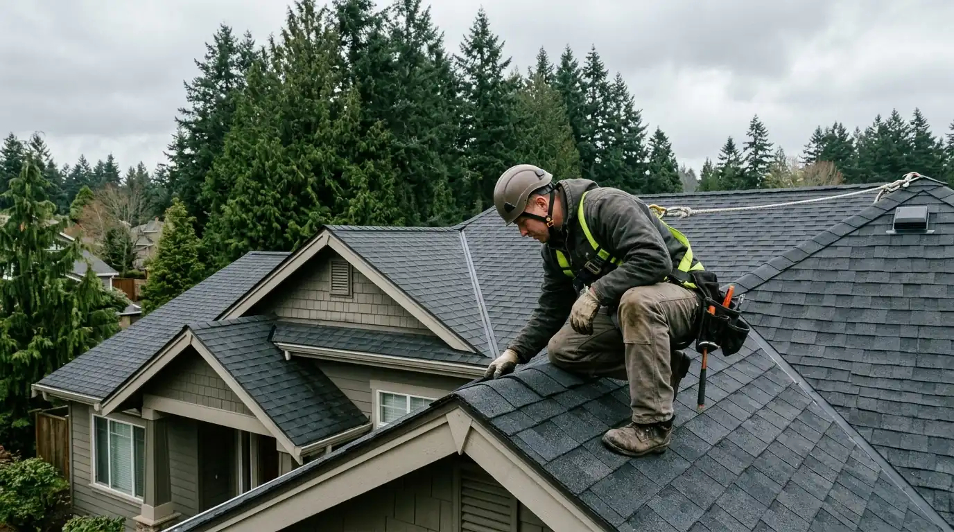Roofer checking shingles on a two-story home under an overcast sky