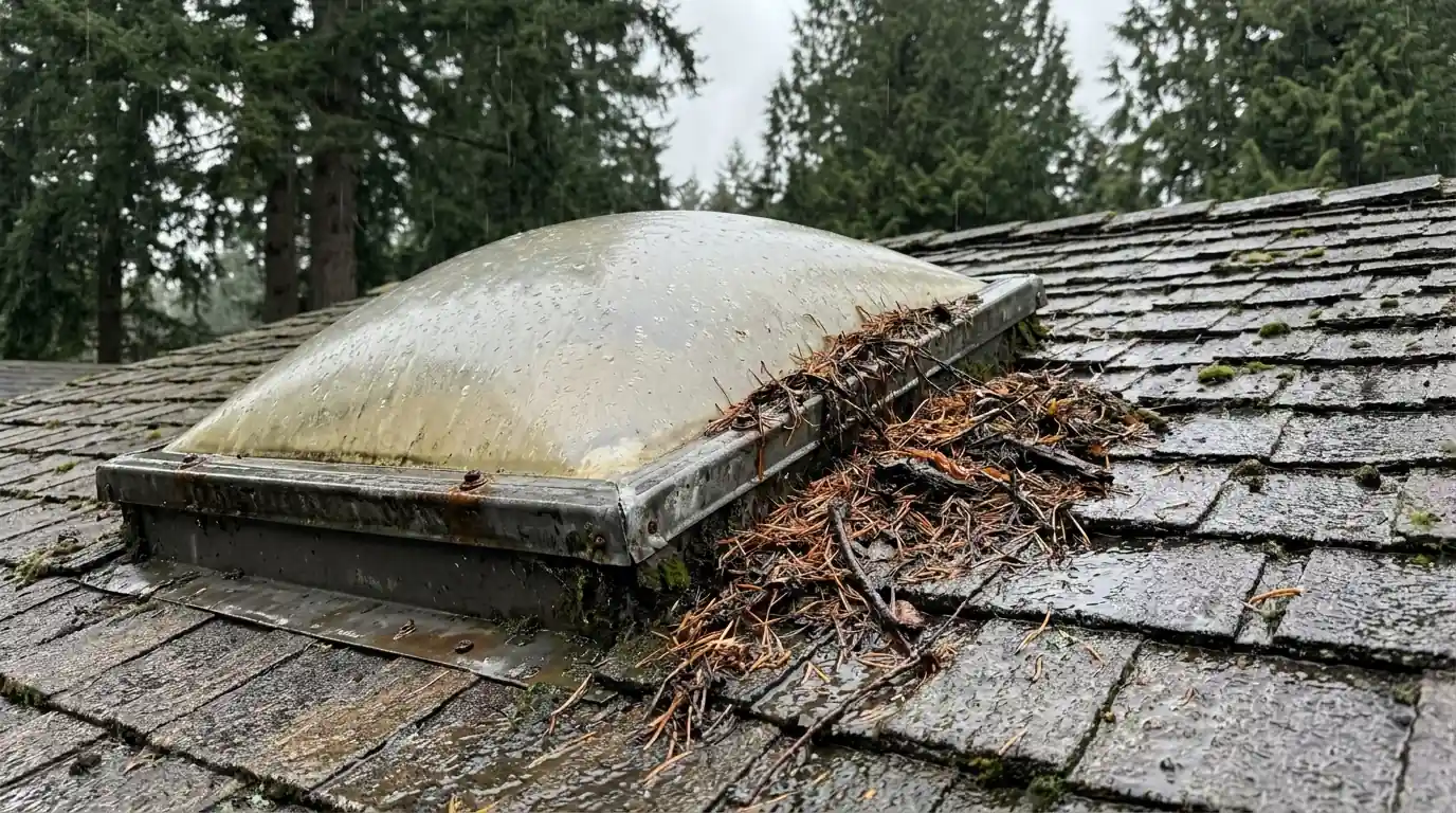 Old cloudy dome skylight with fir needles piled against the curb
