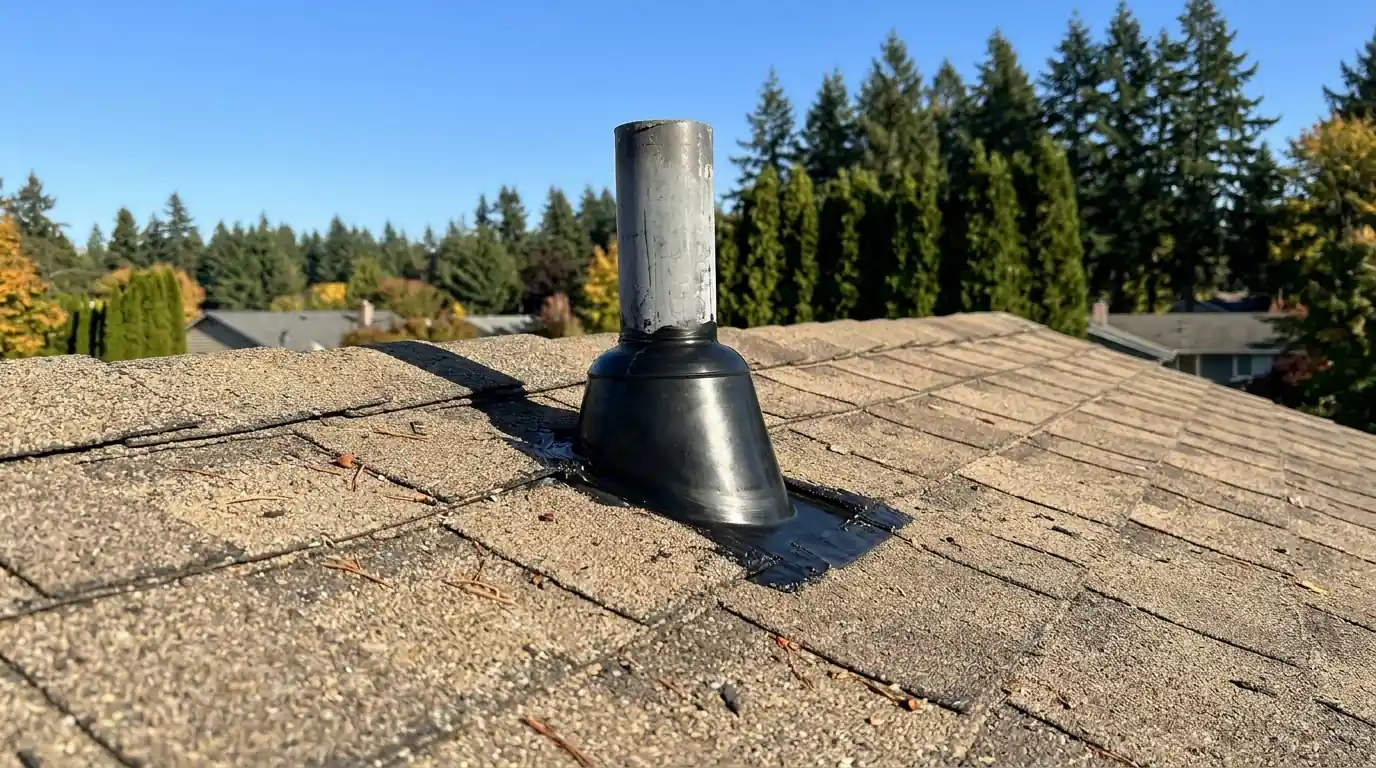 New rubber pipe boot sealed around a plumbing vent on a tan shingle roof