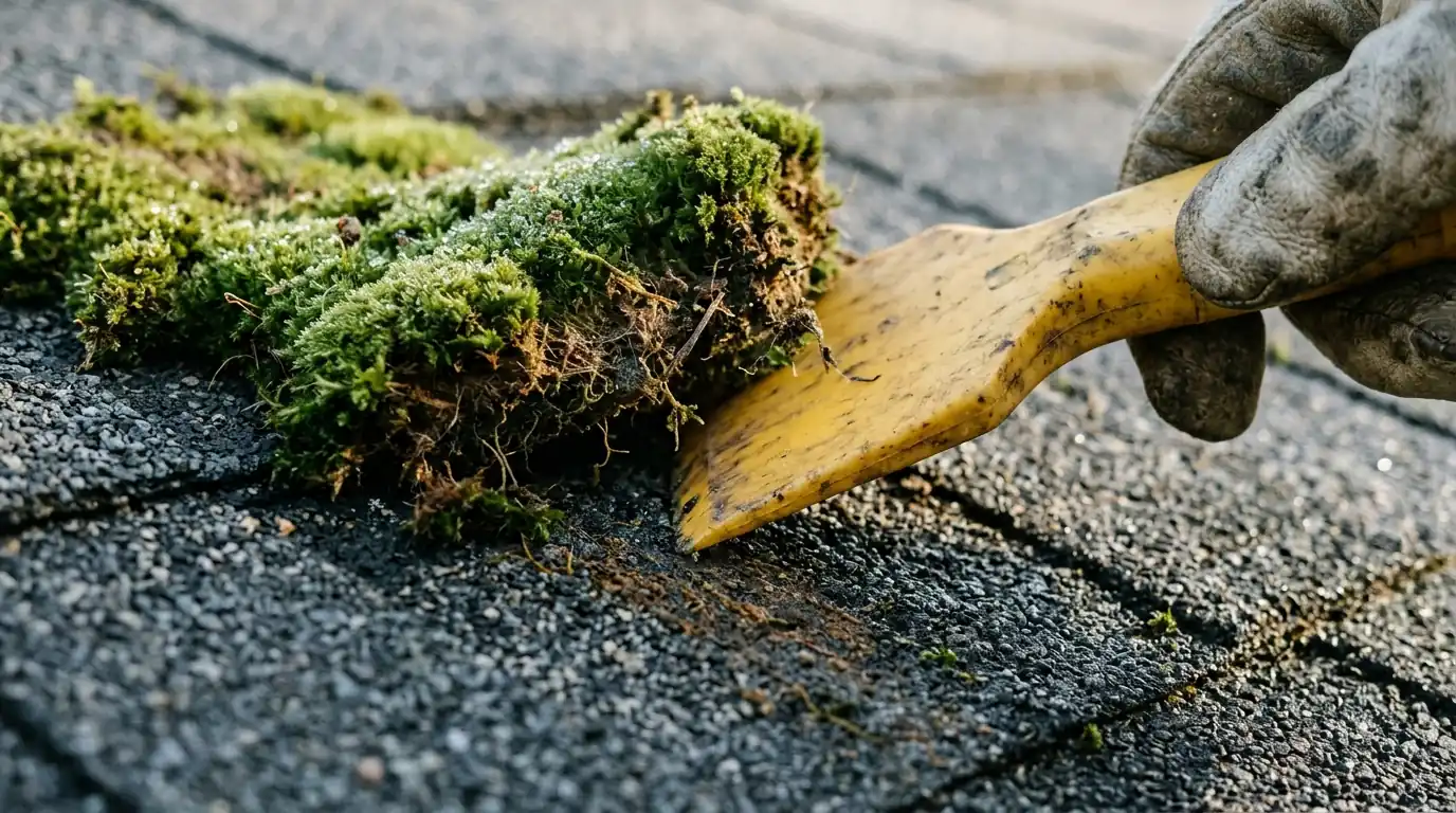 Plastic scraper lifting a clump of moss from asphalt shingles