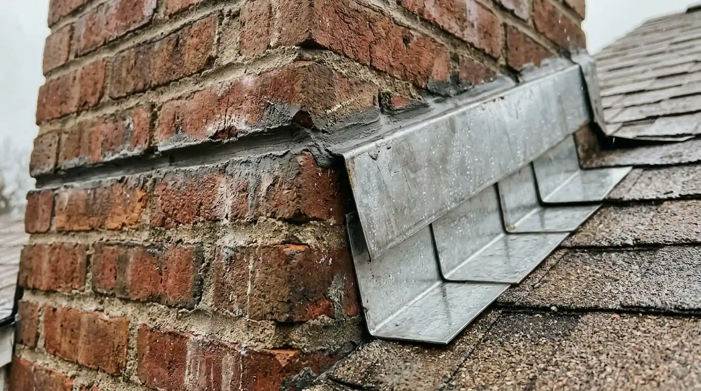 Counter-flashing set into a mortar joint above step flashing on a brick chimney