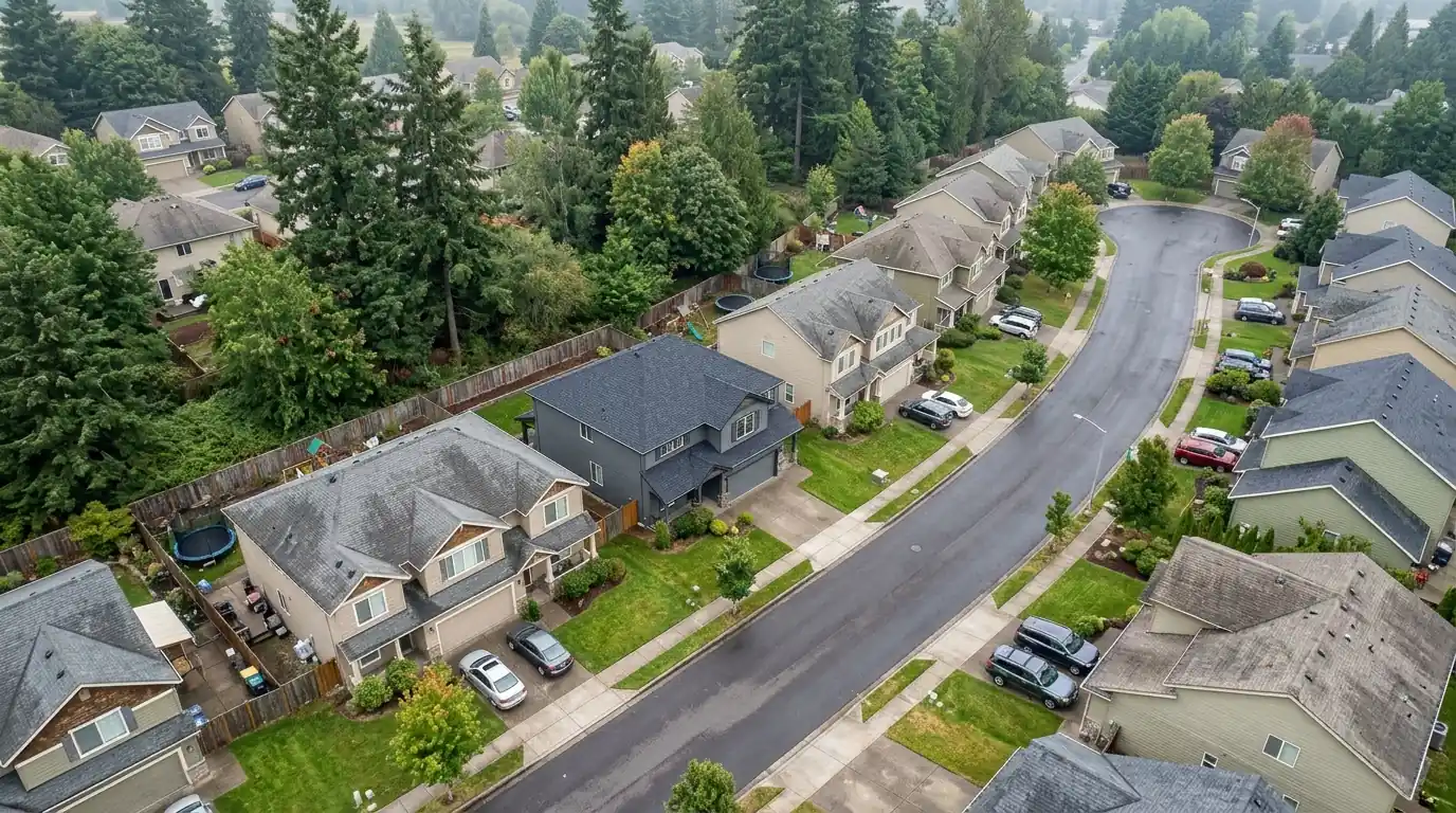 Beaverton subdivision street with one home showing a newly replaced gray roof