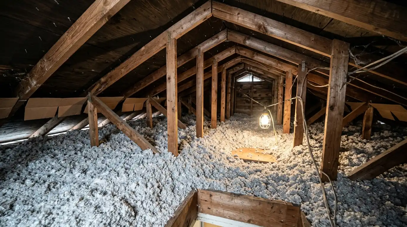 Fresh blown-in insulation with baffles at the eaves in an attic