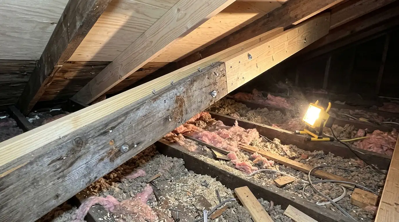 New board sistered to a cracked attic rafter beneath fresh plywood decking