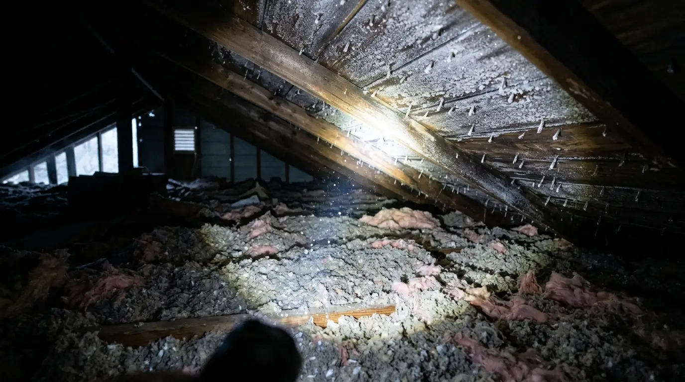 Frost coating attic roof sheathing and nail tips above insulation
