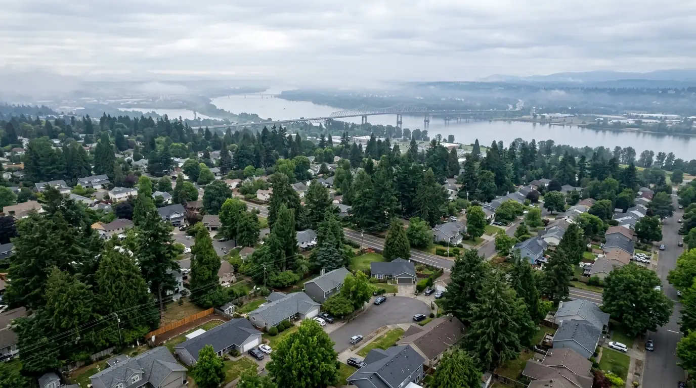 Aerial view of Vancouver rooftops with the Columbia River and Interstate Bridge beyond