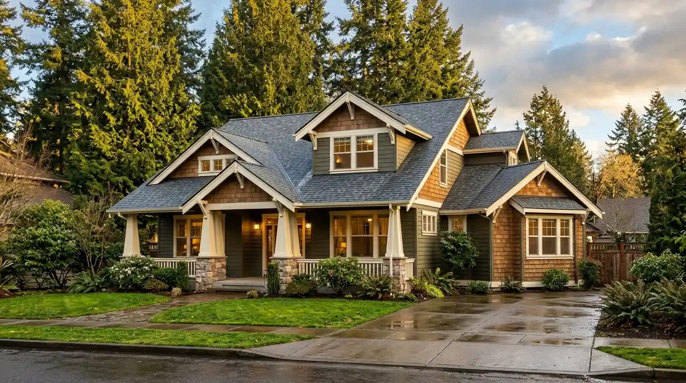 Craftsman style home with a new slate gray shingle roof and tall firs behind