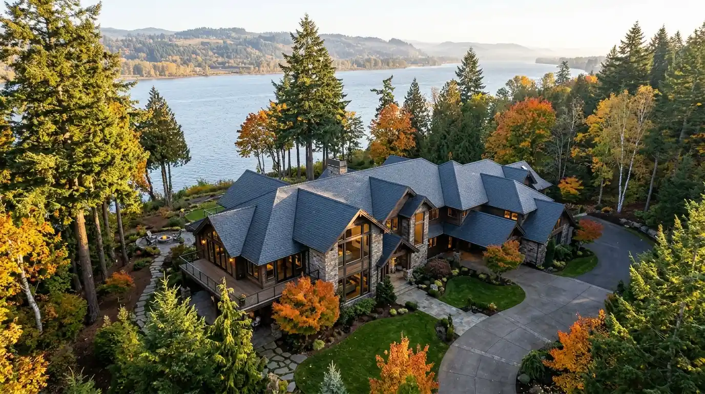 Large riverside custom home with a slate-look roof and several wings