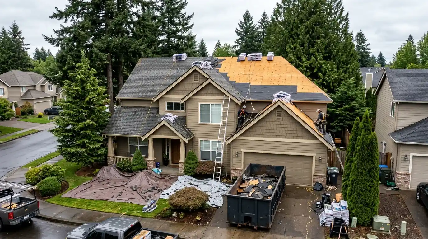 Two-story house mid-reroof with new charcoal shingles on half the roof
