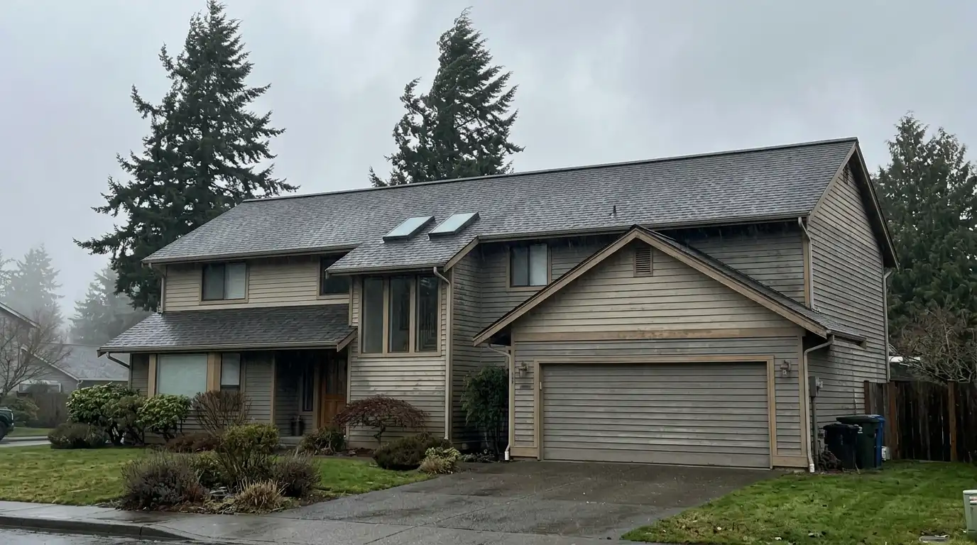 Composite roof with a long ridge line and two skylights