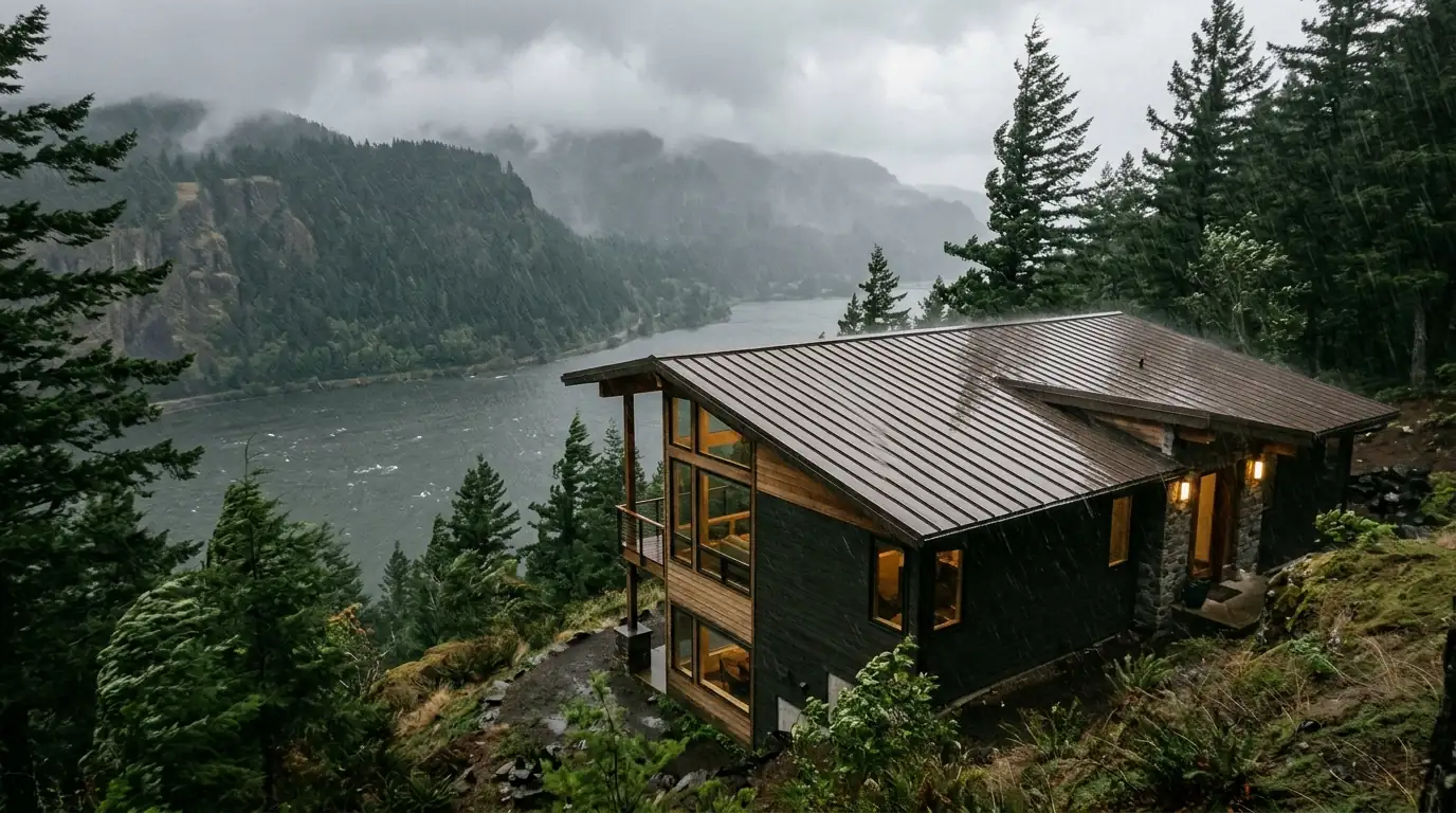 Hillside home with a metal roof overlooking the rainy Columbia River Gorge