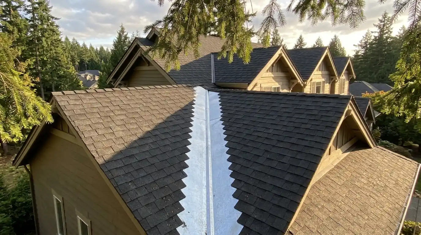 Rebuilt open metal valley on a charcoal shingle roof under fir branches