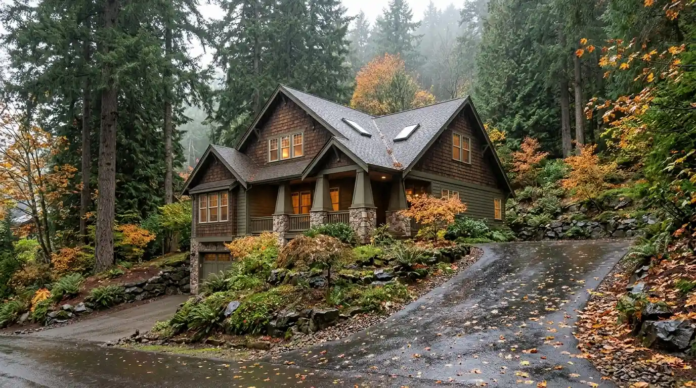 Two-story hillside home with a complex shingle roof among tall fir trees
