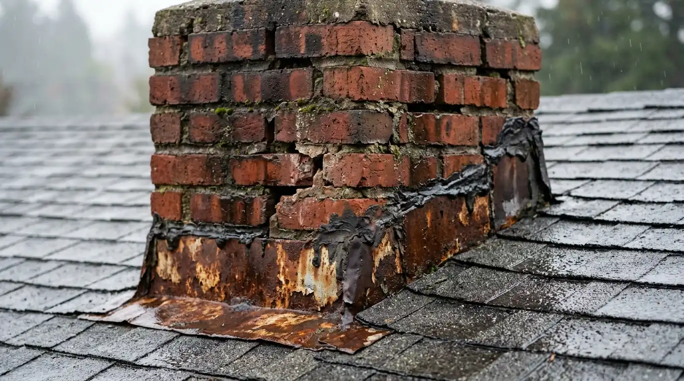 Old brick chimney with worn flashing on a mid-century ranch roof