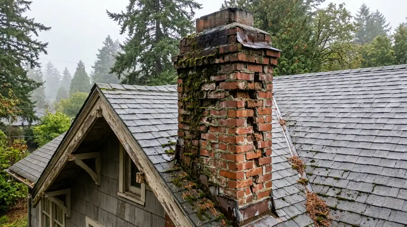 Old brick chimney with crumbling mortar and moss on a shingle roof