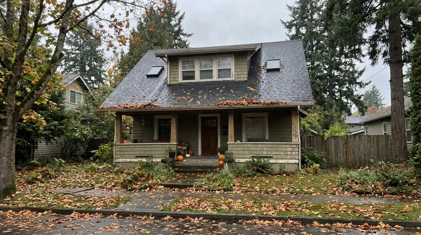 Older house with a shed dormer and skylights on a steep wet roof