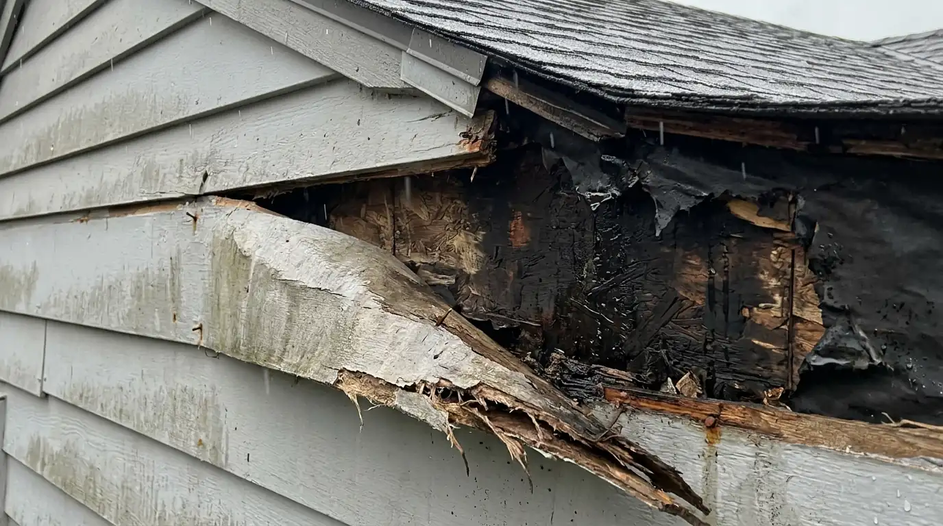 Swollen siding board pulled back to show water-stained sheathing behind it