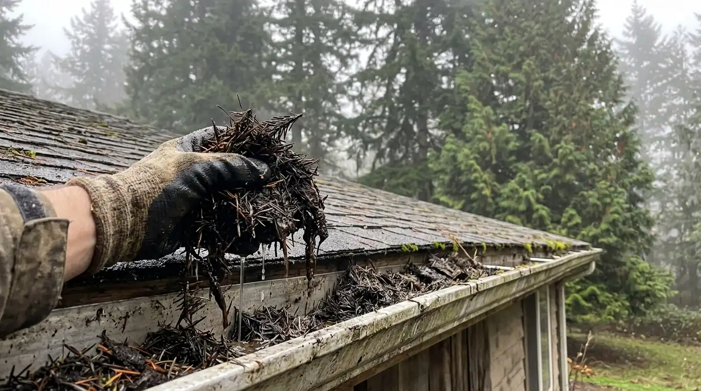 Gloved hand scooping wet fir needles out of an aluminum gutter