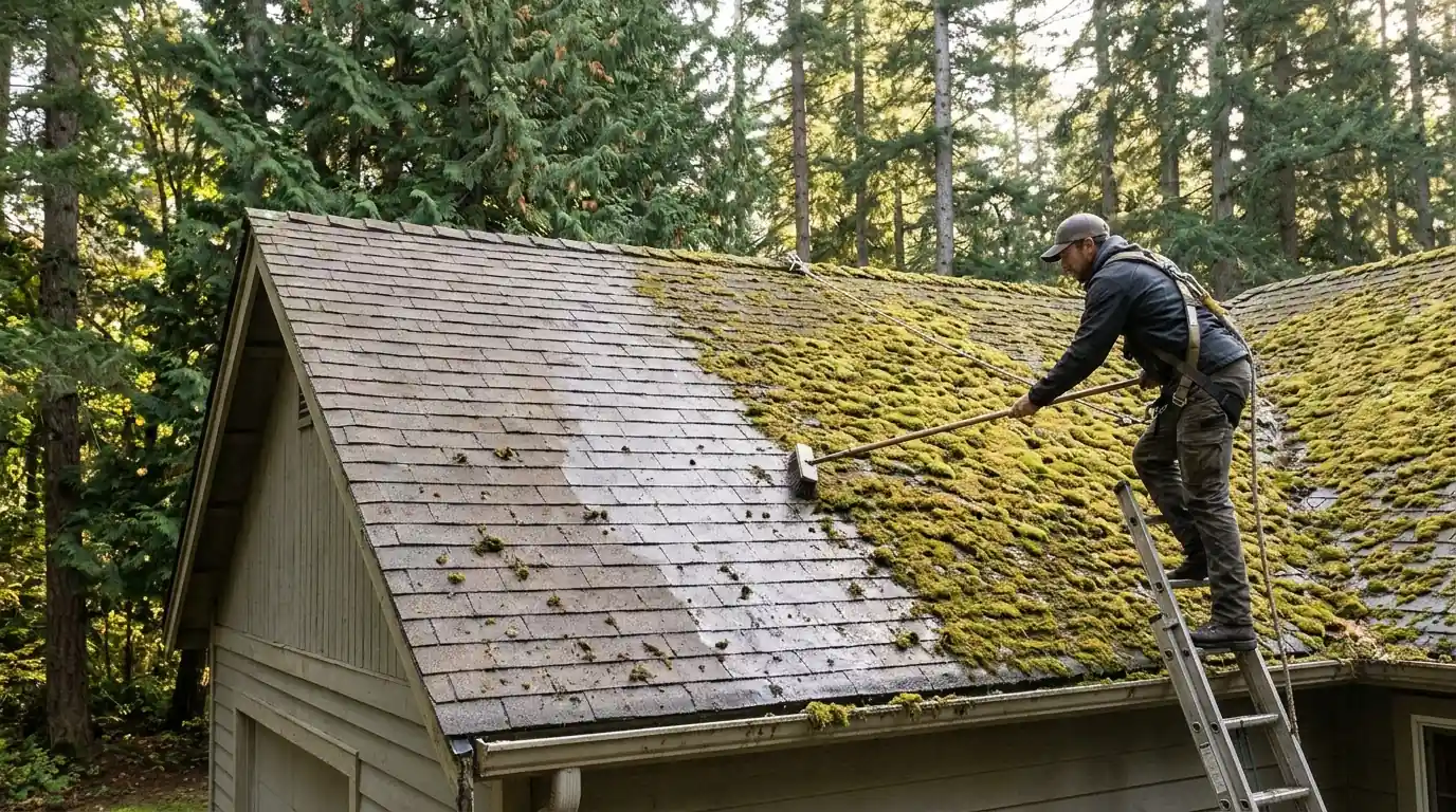 Roof half cleaned of thick green moss under fir trees