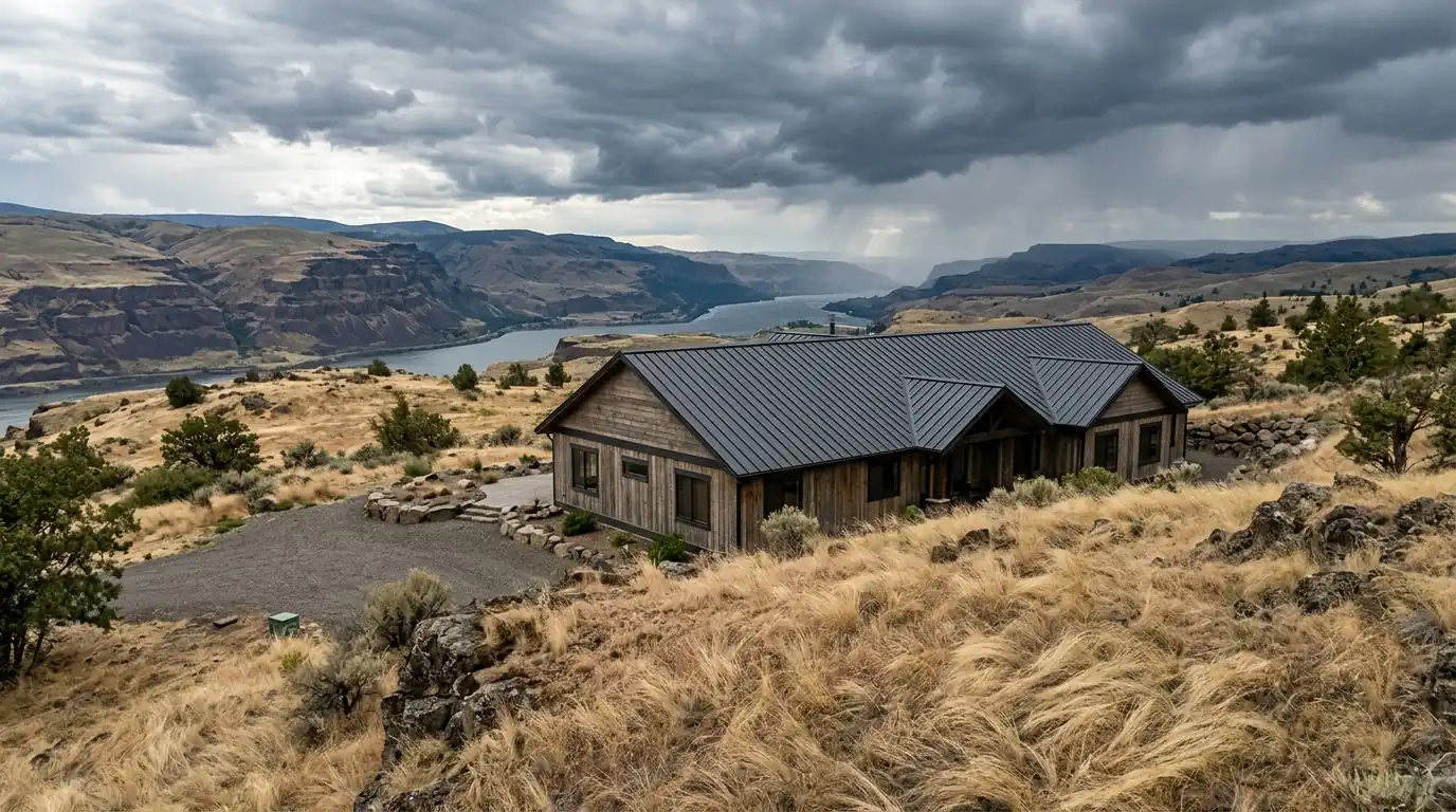 Ranch house with a dark metal roof on a windy hillside above the Gorge